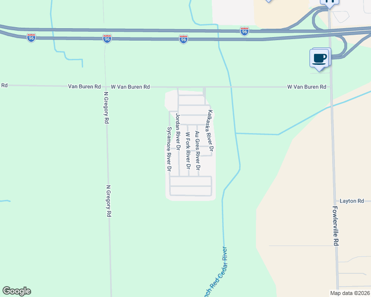 map of restaurants, bars, coffee shops, grocery stores, and more near 298 West Fork River Drive in Fowlerville