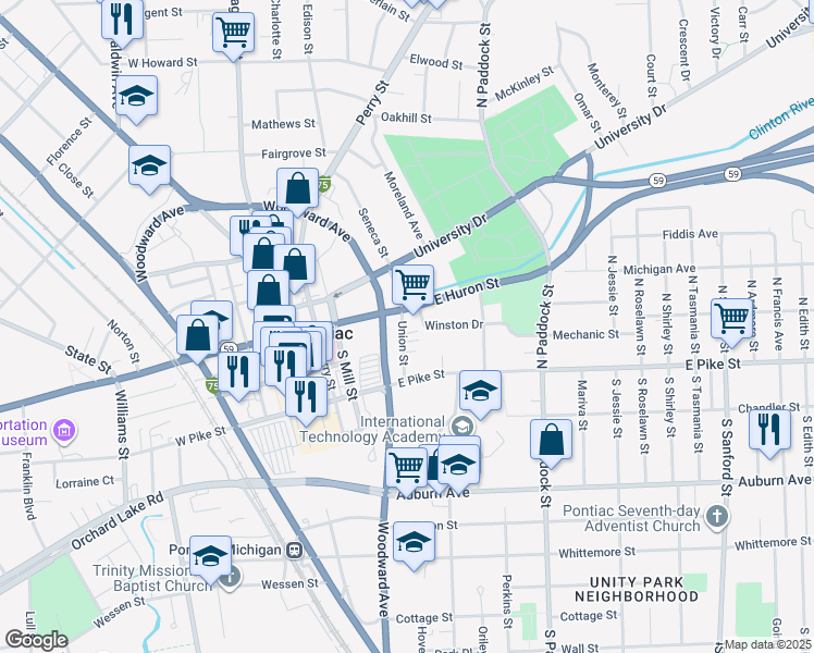 map of restaurants, bars, coffee shops, grocery stores, and more near 56 Union Street in Pontiac