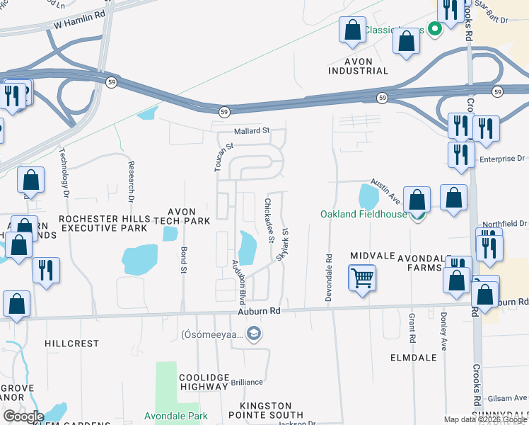 map of restaurants, bars, coffee shops, grocery stores, and more near 116-156 Flicker Street in Rochester Hills