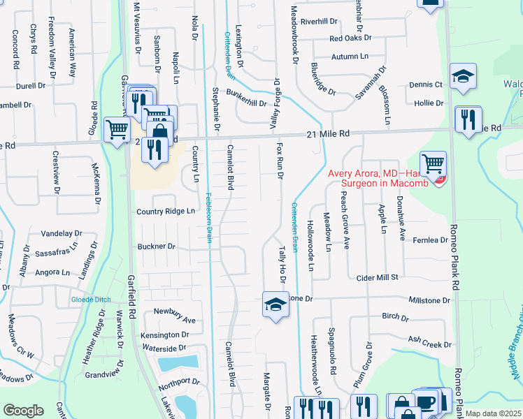 map of restaurants, bars, coffee shops, grocery stores, and more near 46600 Foxtail Court in Macomb