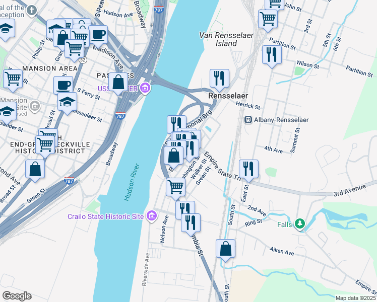 map of restaurants, bars, coffee shops, grocery stores, and more near 250 Broadway in Rensselaer