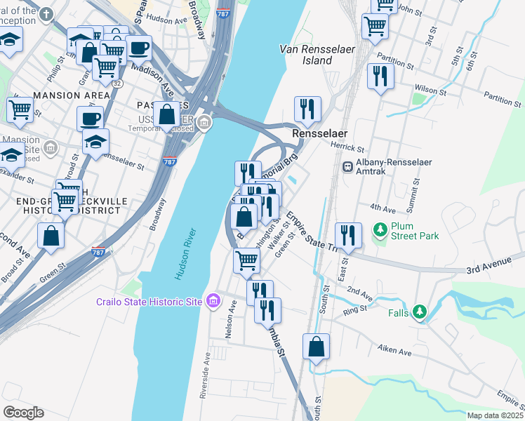 map of restaurants, bars, coffee shops, grocery stores, and more near 250 Broadway in Rensselaer