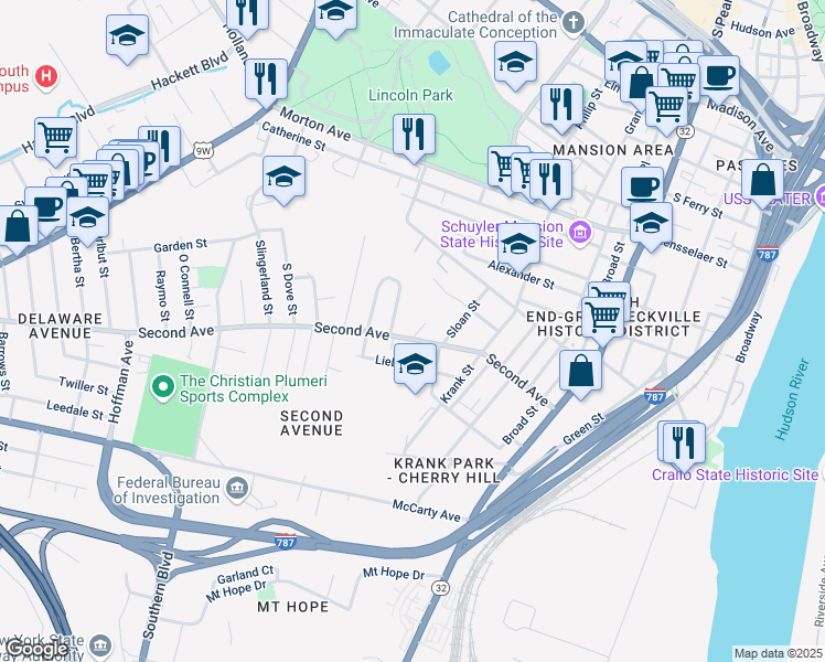 map of restaurants, bars, coffee shops, grocery stores, and more near in Albany