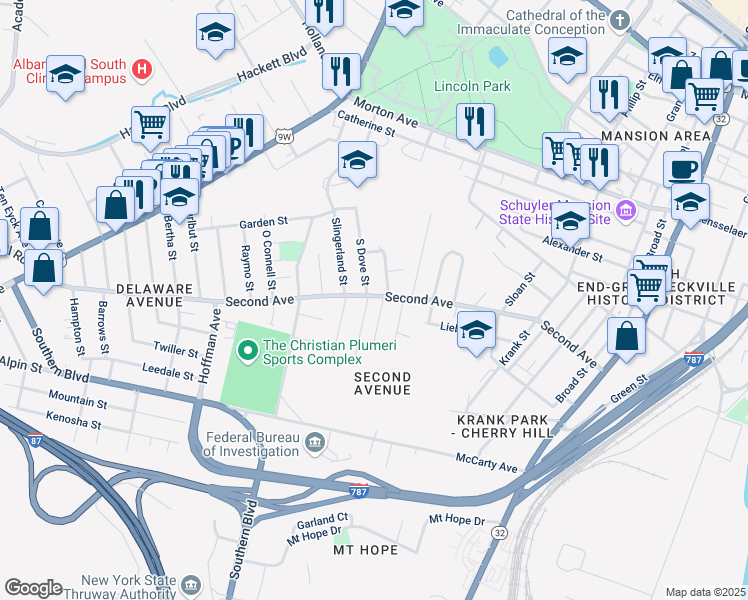 map of restaurants, bars, coffee shops, grocery stores, and more near 196 Second Avenue in Albany