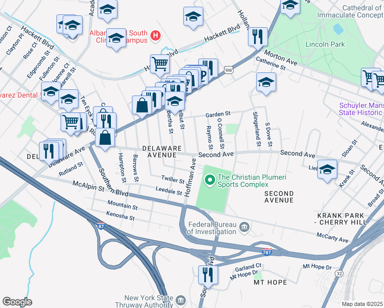 map of restaurants, bars, coffee shops, grocery stores, and more near 344 Second Avenue in Albany