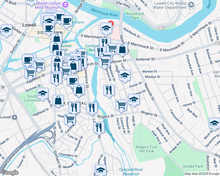 map of restaurants, bars, coffee shops, grocery stores, and more near 102 Perry Street in Lowell