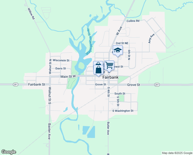 map of restaurants, bars, coffee shops, grocery stores, and more near 202 Main Street East in Fairbank