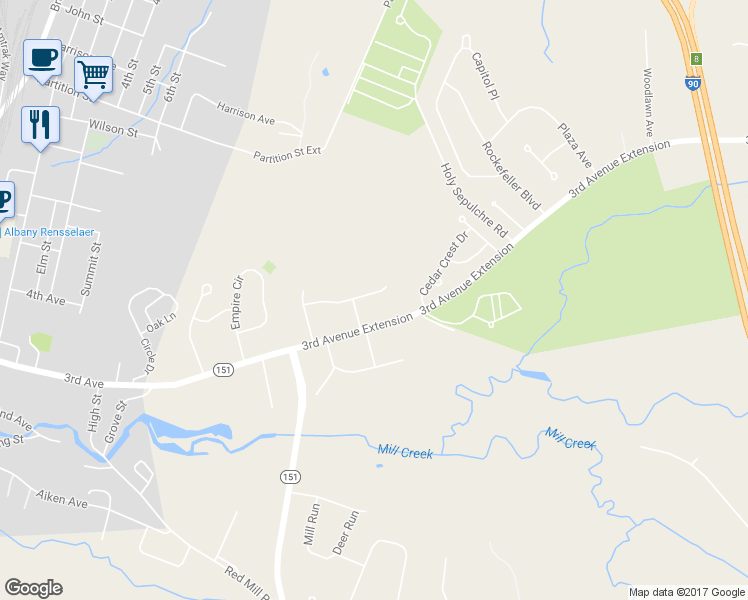 map of restaurants, bars, coffee shops, grocery stores, and more near 32 Tanners Lane in Rensselaer