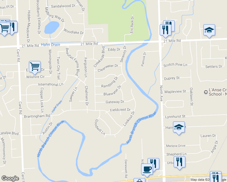 map of restaurants, bars, coffee shops, grocery stores, and more near 22529 Bluewater Drive in Macomb