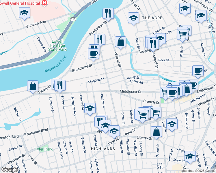 map of restaurants, bars, coffee shops, grocery stores, and more near 223 Wilder Street in Lowell