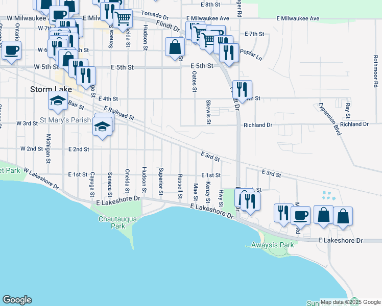 map of restaurants, bars, coffee shops, grocery stores, and more near 228 Mae Street in Storm Lake