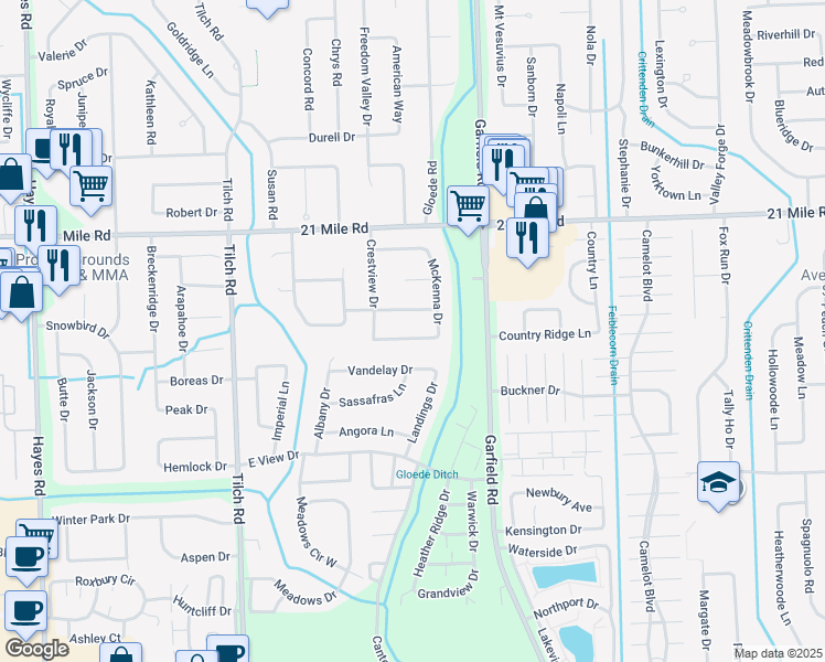map of restaurants, bars, coffee shops, grocery stores, and more near 16395 Woodstock Drive in Macomb