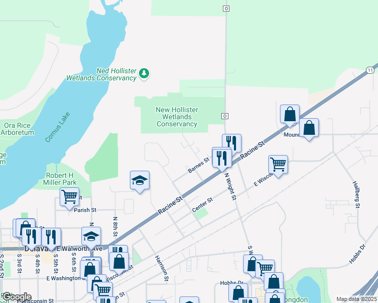 map of restaurants, bars, coffee shops, grocery stores, and more near 536 Elmhurst Avenue in Delavan