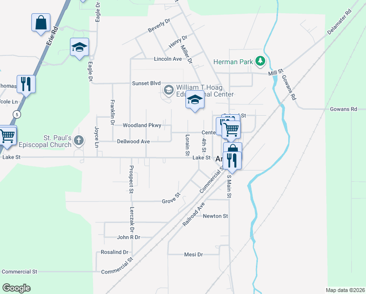 map of restaurants, bars, coffee shops, grocery stores, and more near 12 Lorain Street in Angola