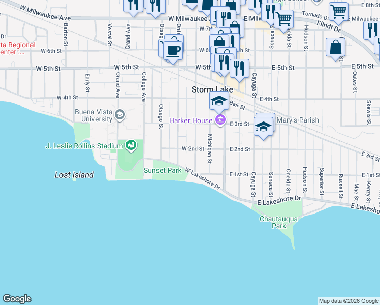map of restaurants, bars, coffee shops, grocery stores, and more near 220 Geneseo Street in Storm Lake