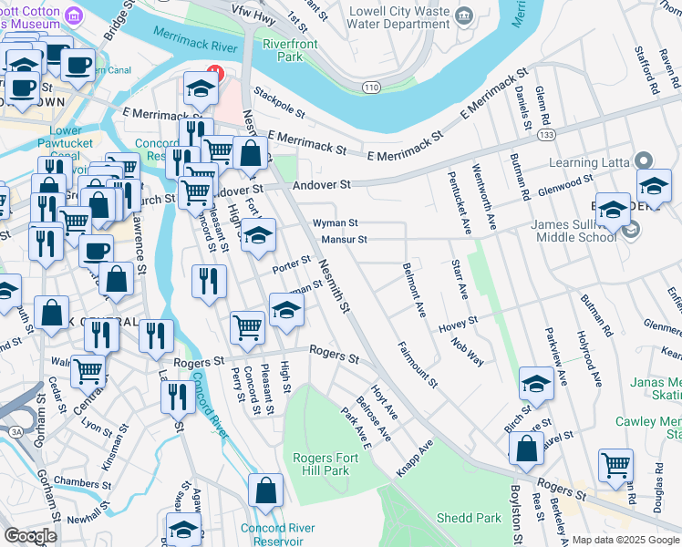 map of restaurants, bars, coffee shops, grocery stores, and more near 234 Nesmith Street in Lowell