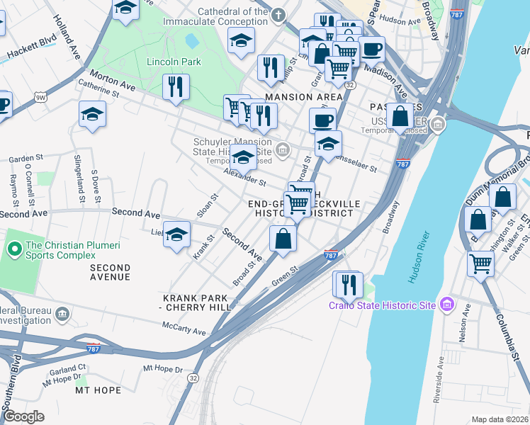 map of restaurants, bars, coffee shops, grocery stores, and more near 3 Teunis Street in Albany