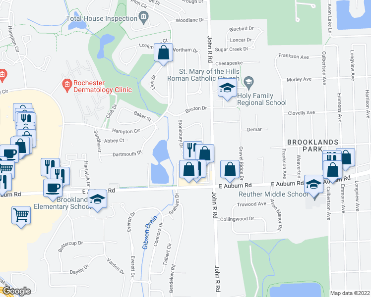 map of restaurants, bars, coffee shops, grocery stores, and more near 2717 Stonebury Drive in Rochester Hills