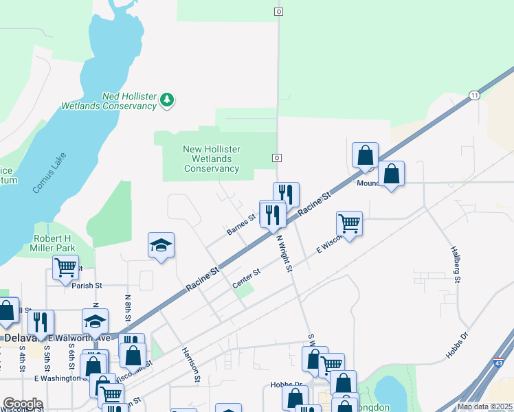 map of restaurants, bars, coffee shops, grocery stores, and more near 1231 Barnes St in Delavan