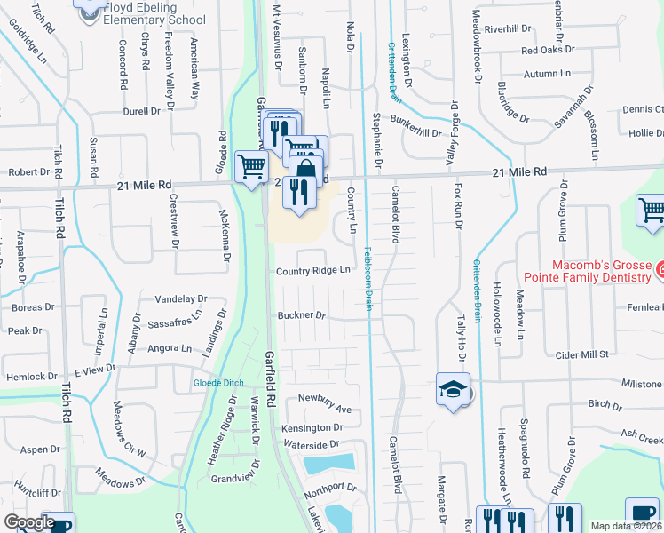 map of restaurants, bars, coffee shops, grocery stores, and more near 16918 Country Ridge Lane in Macomb