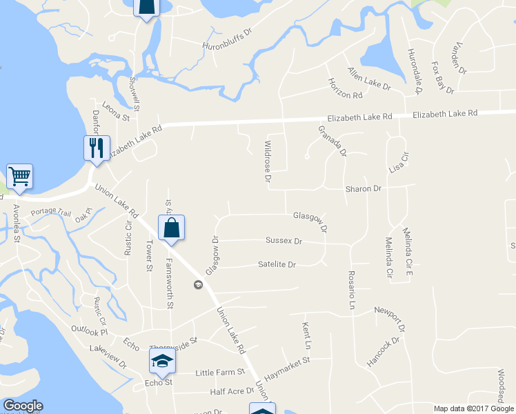 map of restaurants, bars, coffee shops, grocery stores, and more near 8978 Glasgow Drive in White Lake charter Township