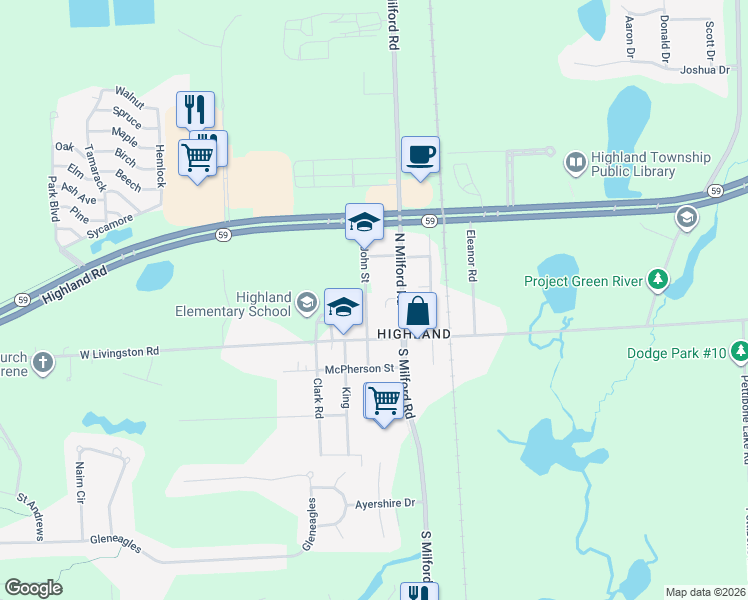 map of restaurants, bars, coffee shops, grocery stores, and more near 186 North John Street in Highland Charter Township