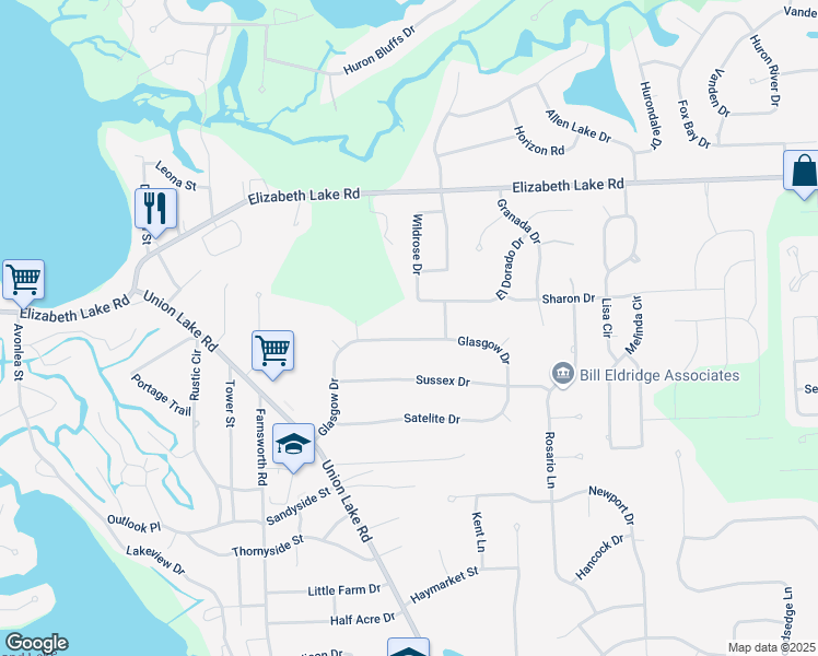 map of restaurants, bars, coffee shops, grocery stores, and more near 8978 Glasgow Drive in White Lake charter Township