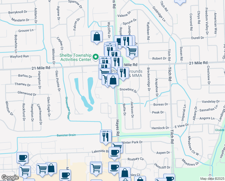 map of restaurants, bars, coffee shops, grocery stores, and more near 46509 Hayes Road in Shelby Township
