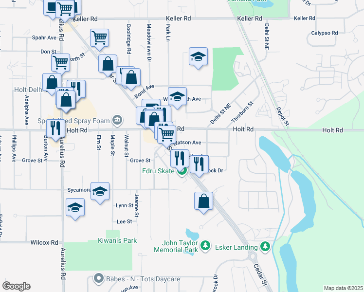 map of restaurants, bars, coffee shops, grocery stores, and more near 4239 Watson Avenue in Delhi charter Township
