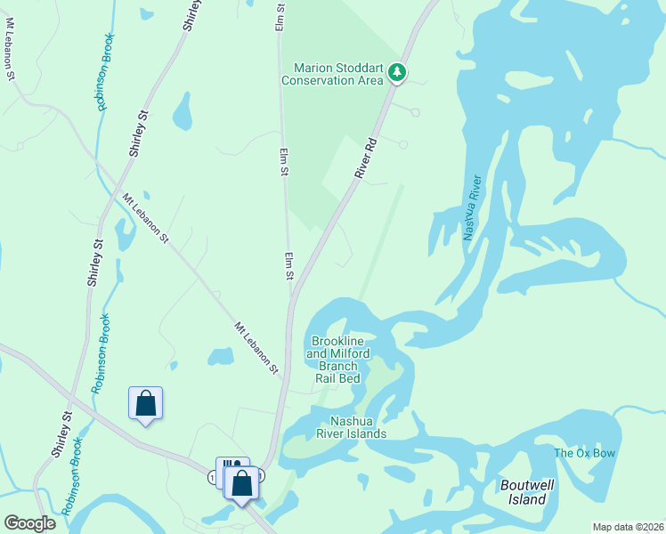 map of restaurants, bars, coffee shops, grocery stores, and more near 144 River Road in Pepperell