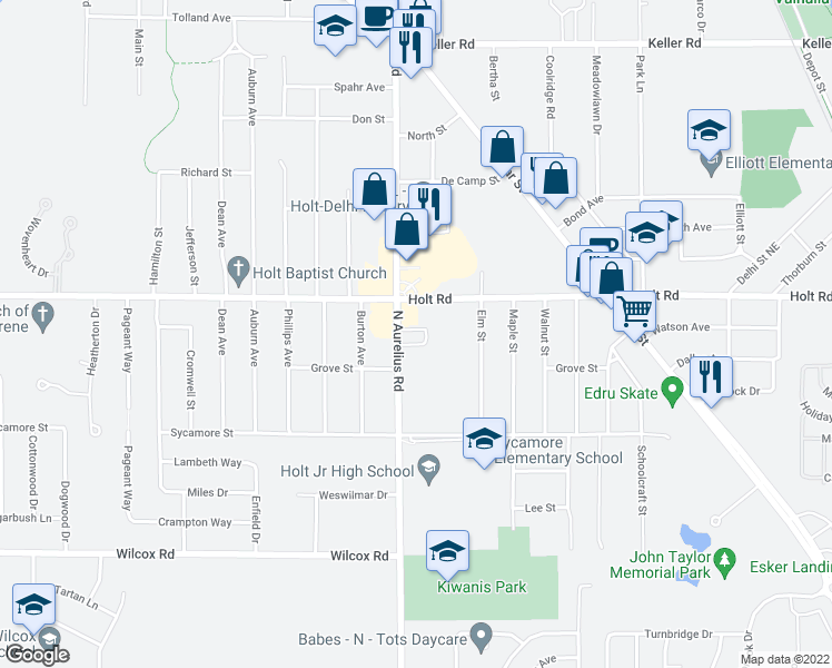 map of restaurants, bars, coffee shops, grocery stores, and more near 1966 North Aurelius Road in Delhi charter Township