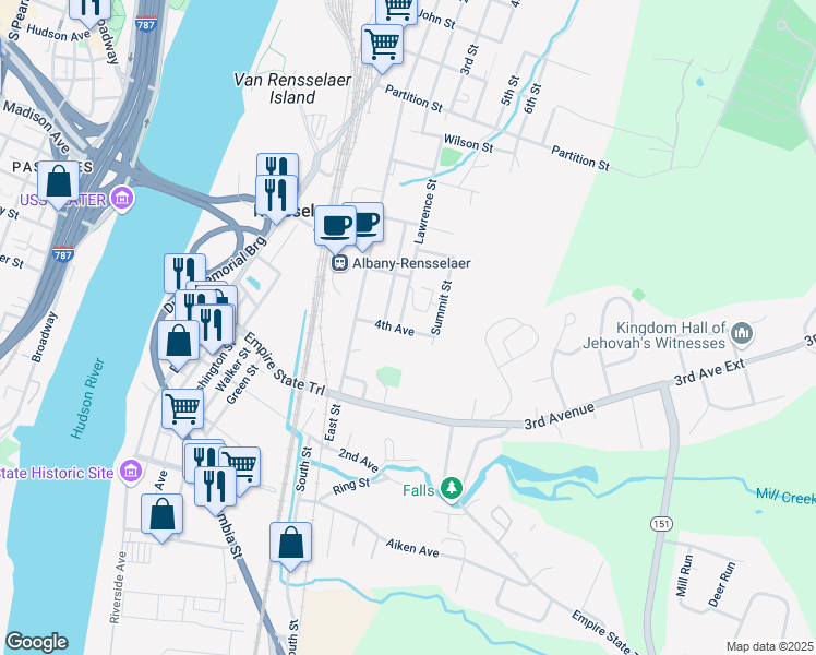 map of restaurants, bars, coffee shops, grocery stores, and more near 17 4th Avenue in Rensselaer