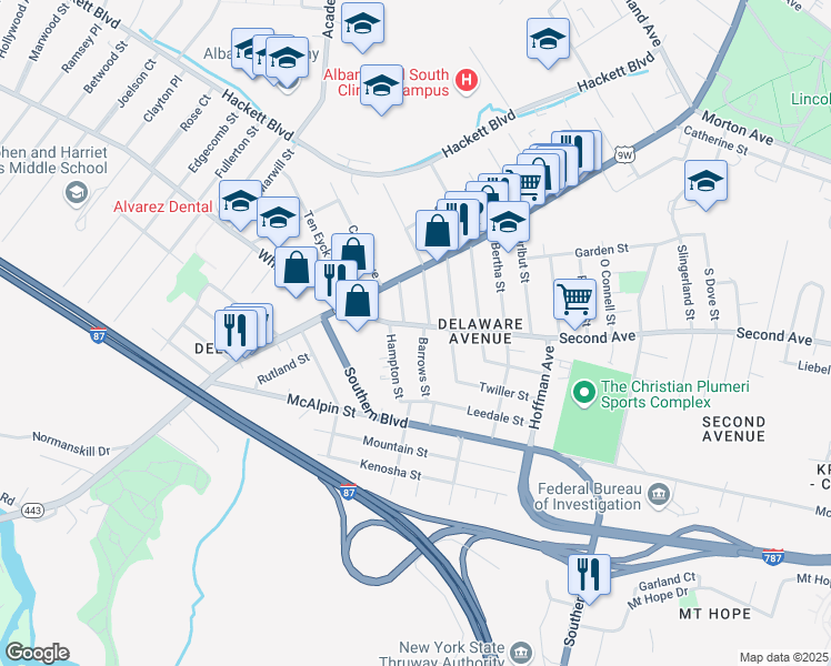 map of restaurants, bars, coffee shops, grocery stores, and more near 7 Barrows Street in Albany