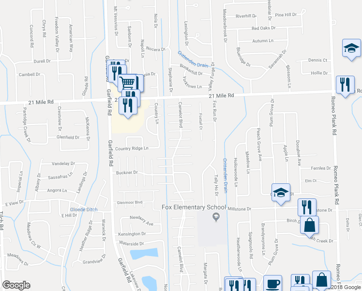 map of restaurants, bars, coffee shops, grocery stores, and more near 17115 Wales Drive in Macomb