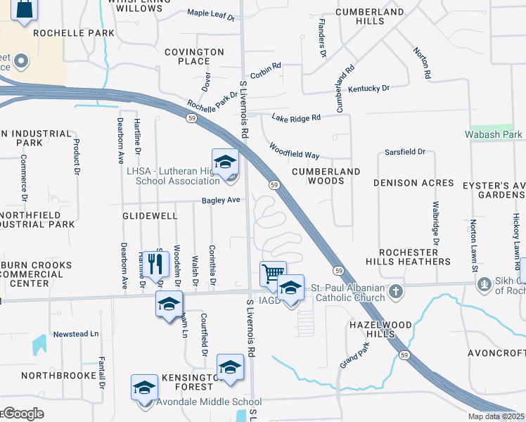 map of restaurants, bars, coffee shops, grocery stores, and more near 2738-2744 Upper Ridge Drive in Rochester Hills