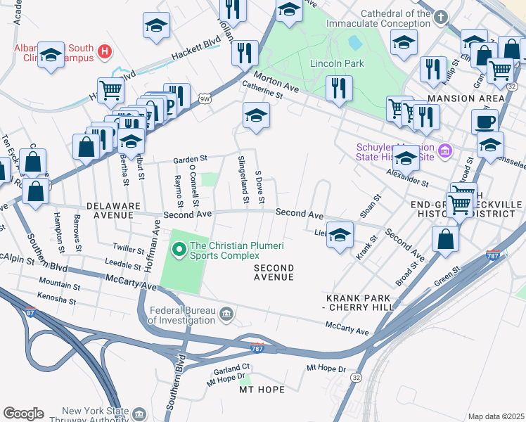 map of restaurants, bars, coffee shops, grocery stores, and more near 2nd Avenue & South Dove Street in Albany