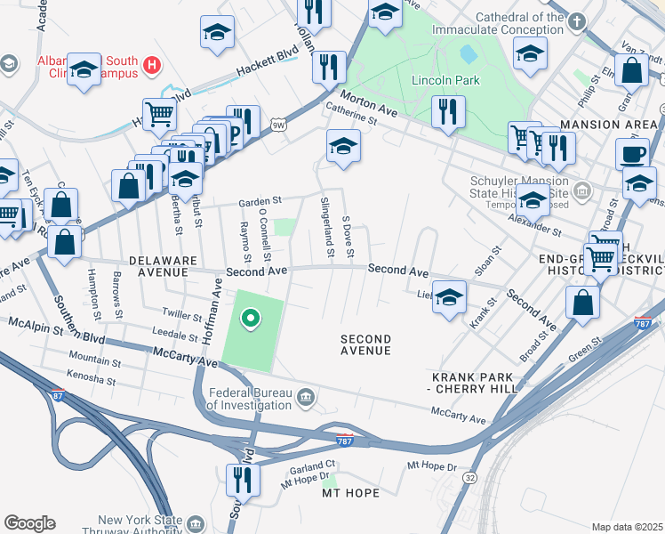 map of restaurants, bars, coffee shops, grocery stores, and more near 2nd Avenue & Bogart Terrace in Albany