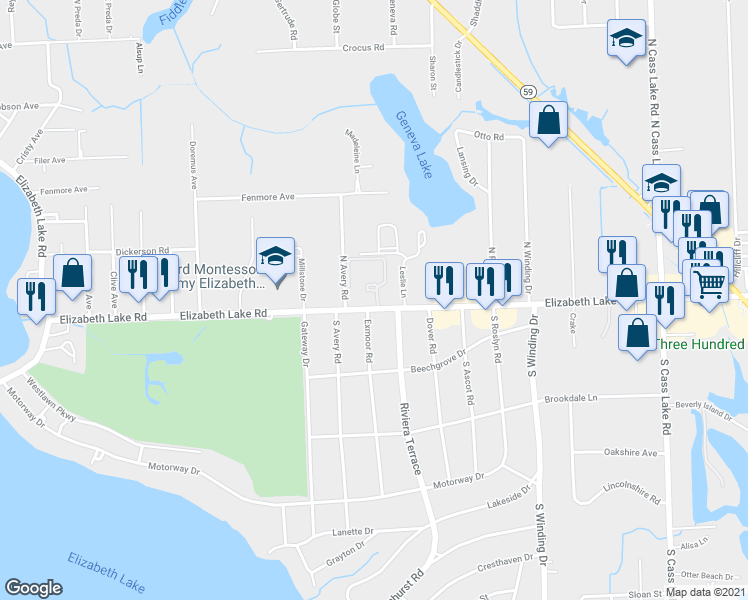 map of restaurants, bars, coffee shops, grocery stores, and more near 57 Willow Way in Waterford Township