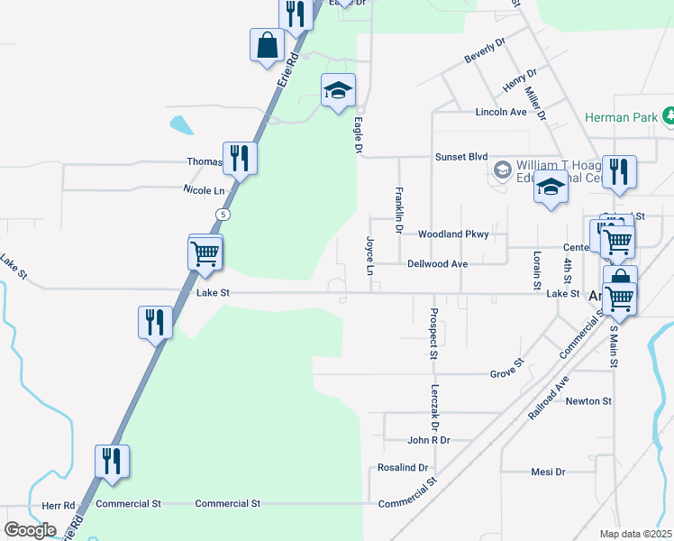 map of restaurants, bars, coffee shops, grocery stores, and more near 930 Lake Street in Angola