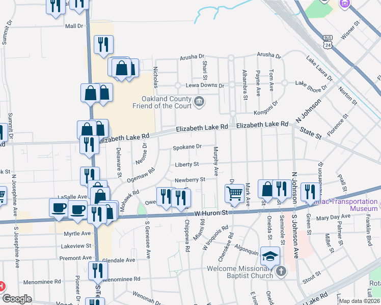 map of restaurants, bars, coffee shops, grocery stores, and more near 51 Spokane Drive in Pontiac