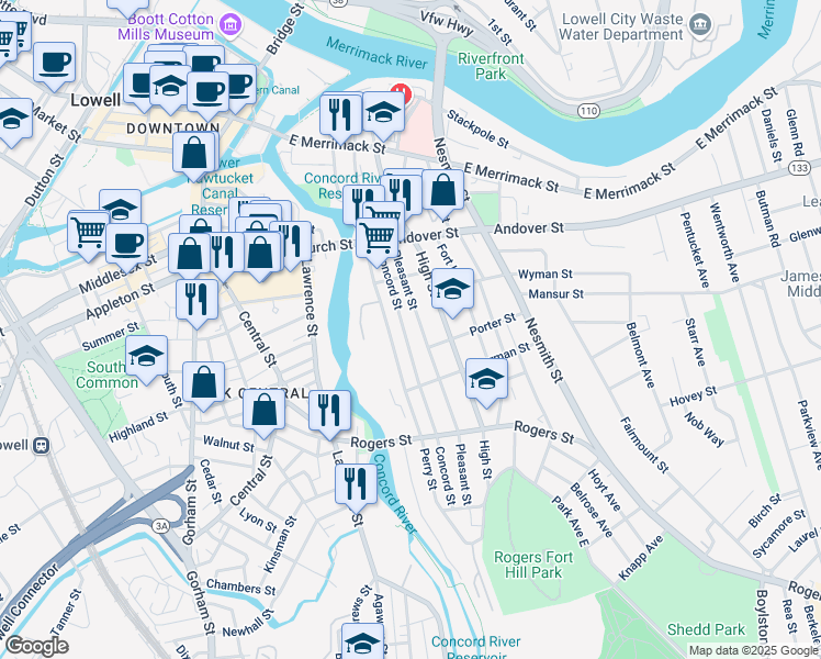 map of restaurants, bars, coffee shops, grocery stores, and more near 102 Perry Street in Lowell