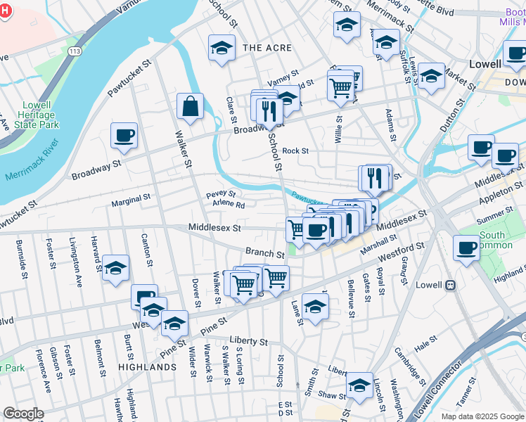 map of restaurants, bars, coffee shops, grocery stores, and more near 50 Spring Avenue in Lowell