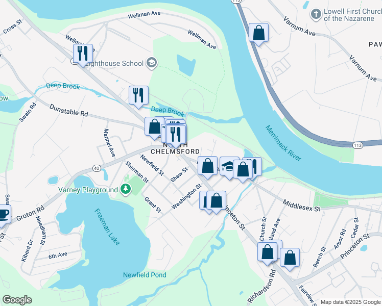 map of restaurants, bars, coffee shops, grocery stores, and more near 12 Middlesex Street in Chelmsford