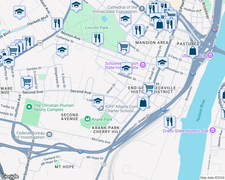 map of restaurants, bars, coffee shops, grocery stores, and more near 36 Sloan Street in Albany