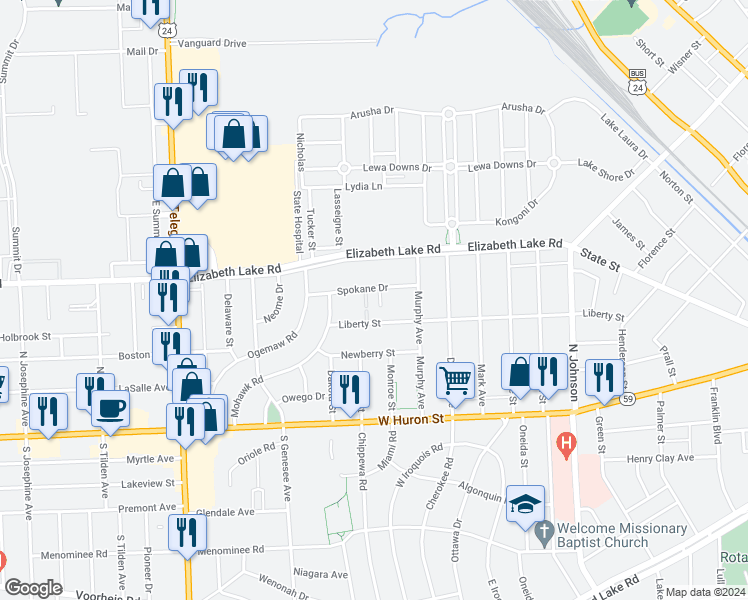 map of restaurants, bars, coffee shops, grocery stores, and more near 290 Liberty Street in Pontiac