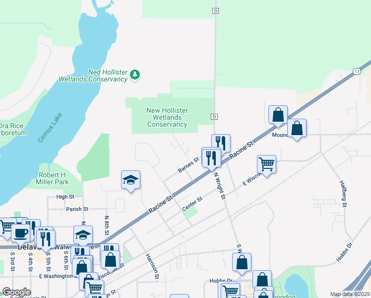 map of restaurants, bars, coffee shops, grocery stores, and more near 536 Elmhurst Avenue in Delavan