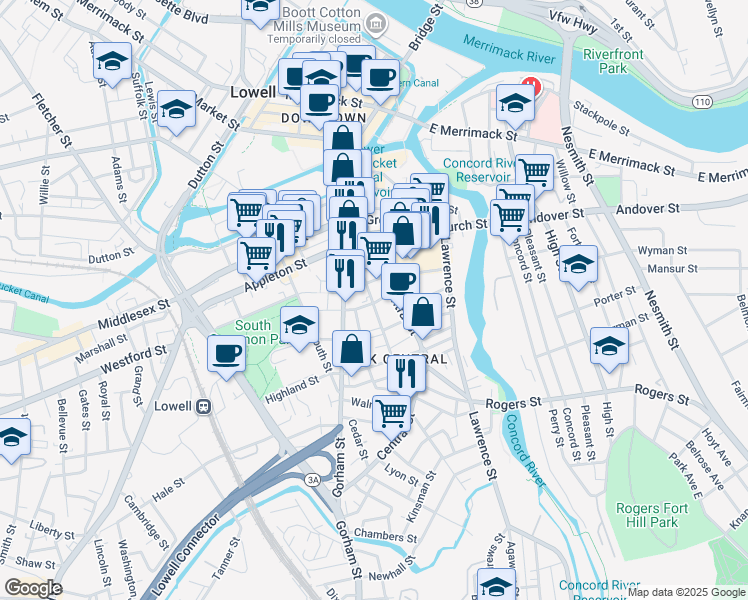 map of restaurants, bars, coffee shops, grocery stores, and more near 38 Chapel Street in Lowell