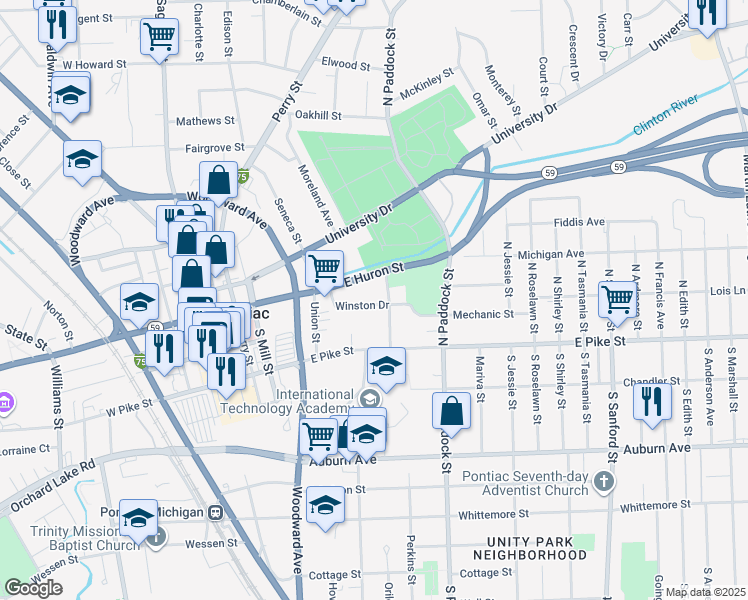 map of restaurants, bars, coffee shops, grocery stores, and more near 4000 Winston Drive in Pontiac