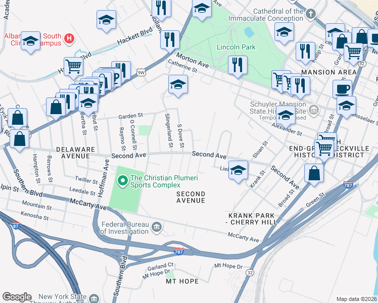 map of restaurants, bars, coffee shops, grocery stores, and more near 196 Second Avenue in Albany