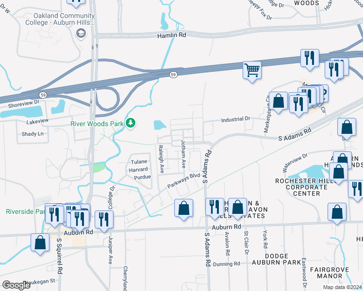map of restaurants, bars, coffee shops, grocery stores, and more near 3883 Forester Boulevard in Auburn Hills